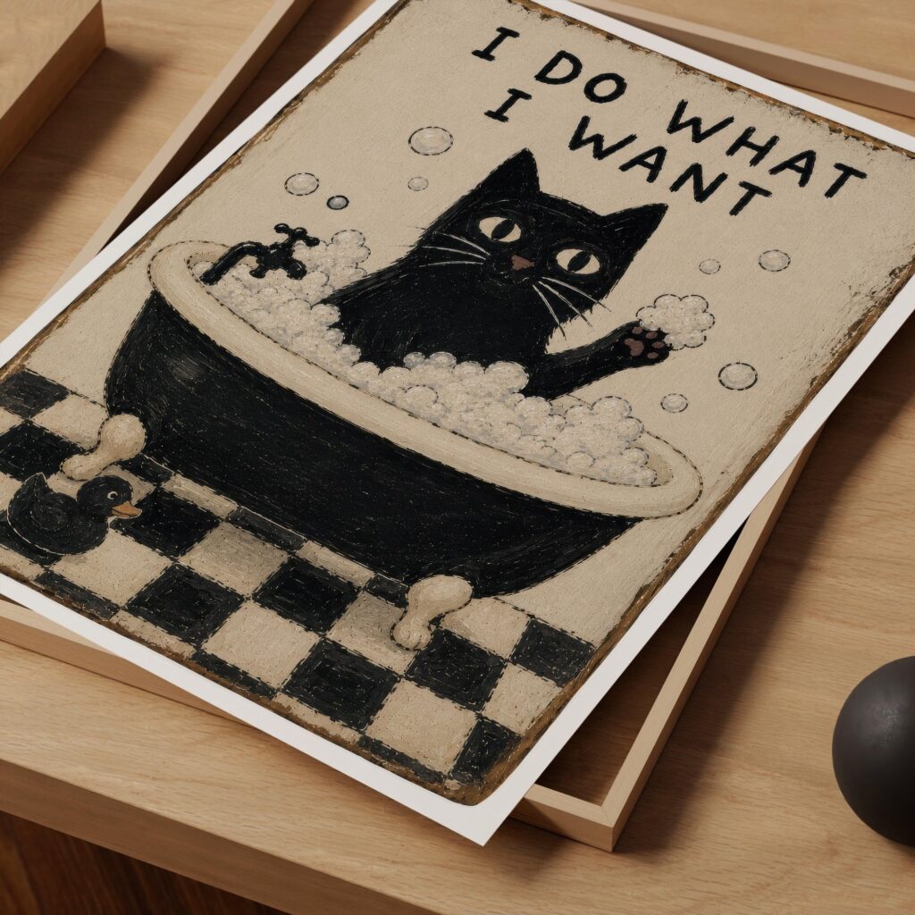 Funny Black Cat Bathtub Print