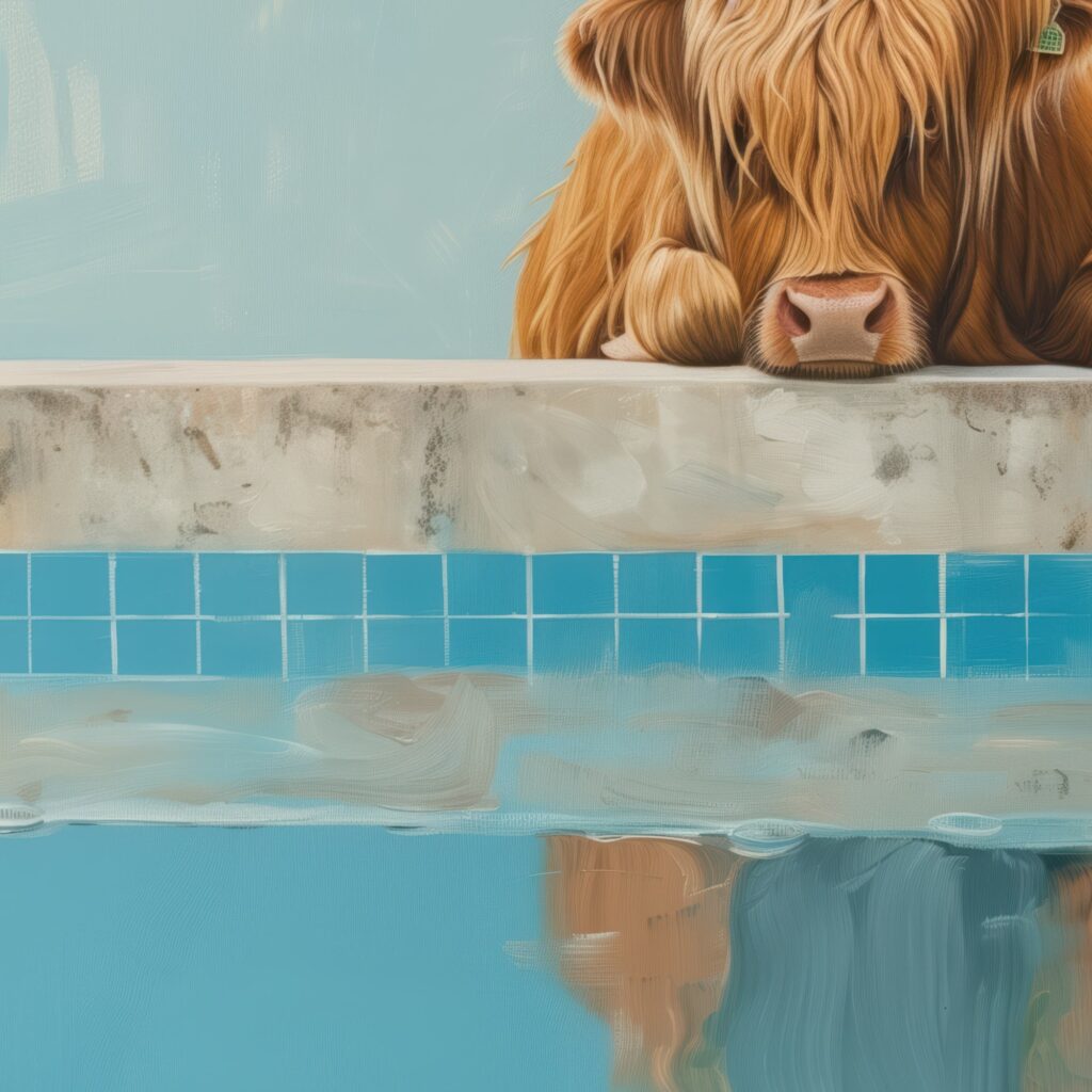 Highland Cow at Pool Print