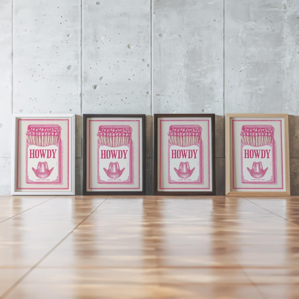 Pink Western Matchbox Howdy Yall Retro Art Print Set