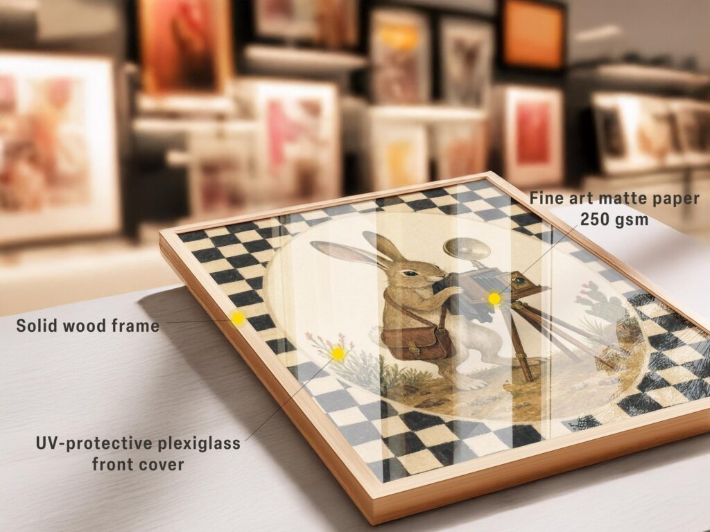 Rabbit Photographer with Antique Camera on Checkerboard Print