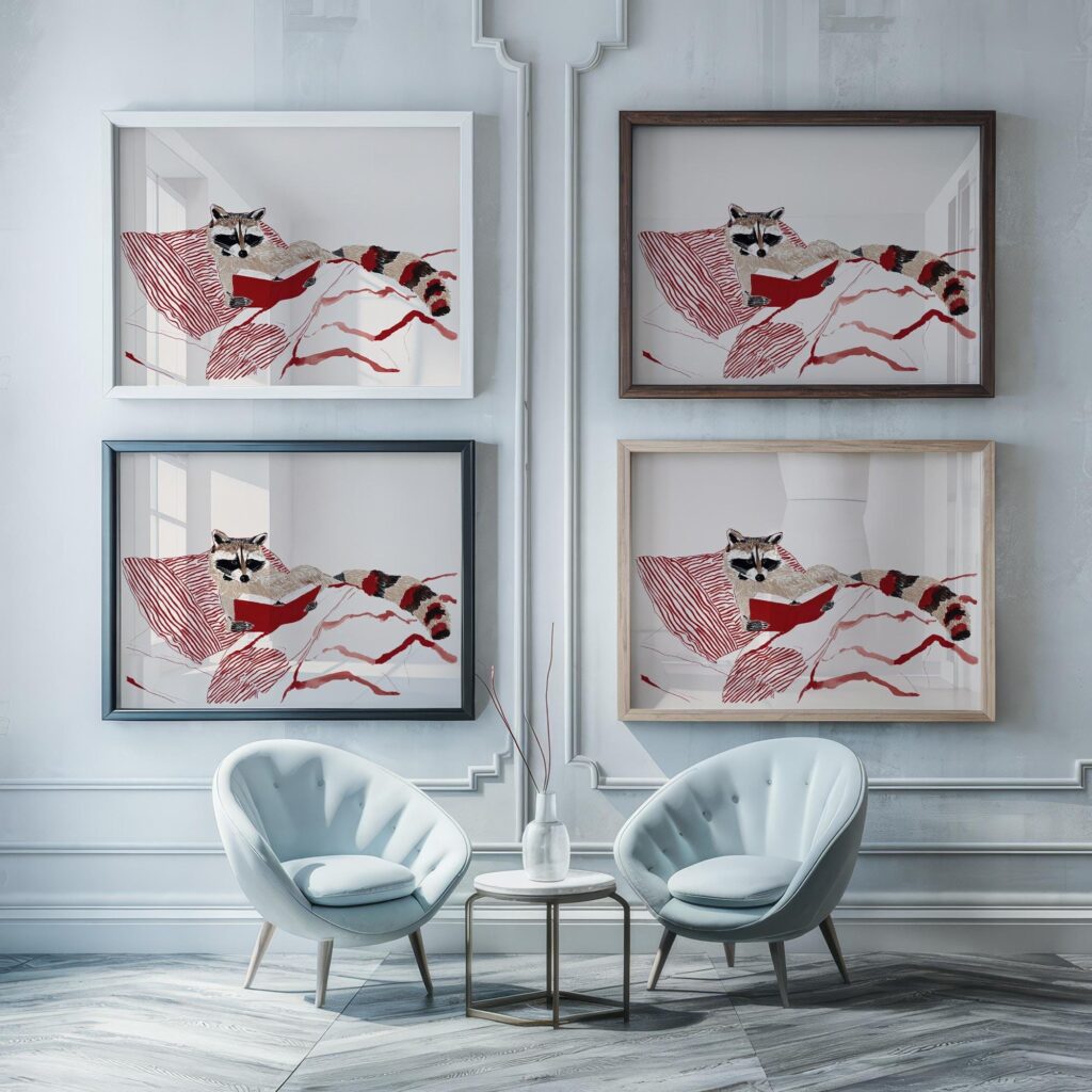 Raccoon Reading Book Illustration Art Print