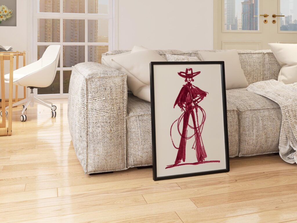 Set of 2 Red Burgundy Cowgirl Sketches Print