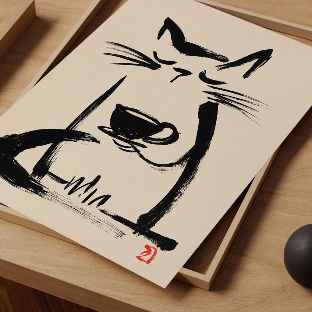 Sumi-e Coffee Cat Print