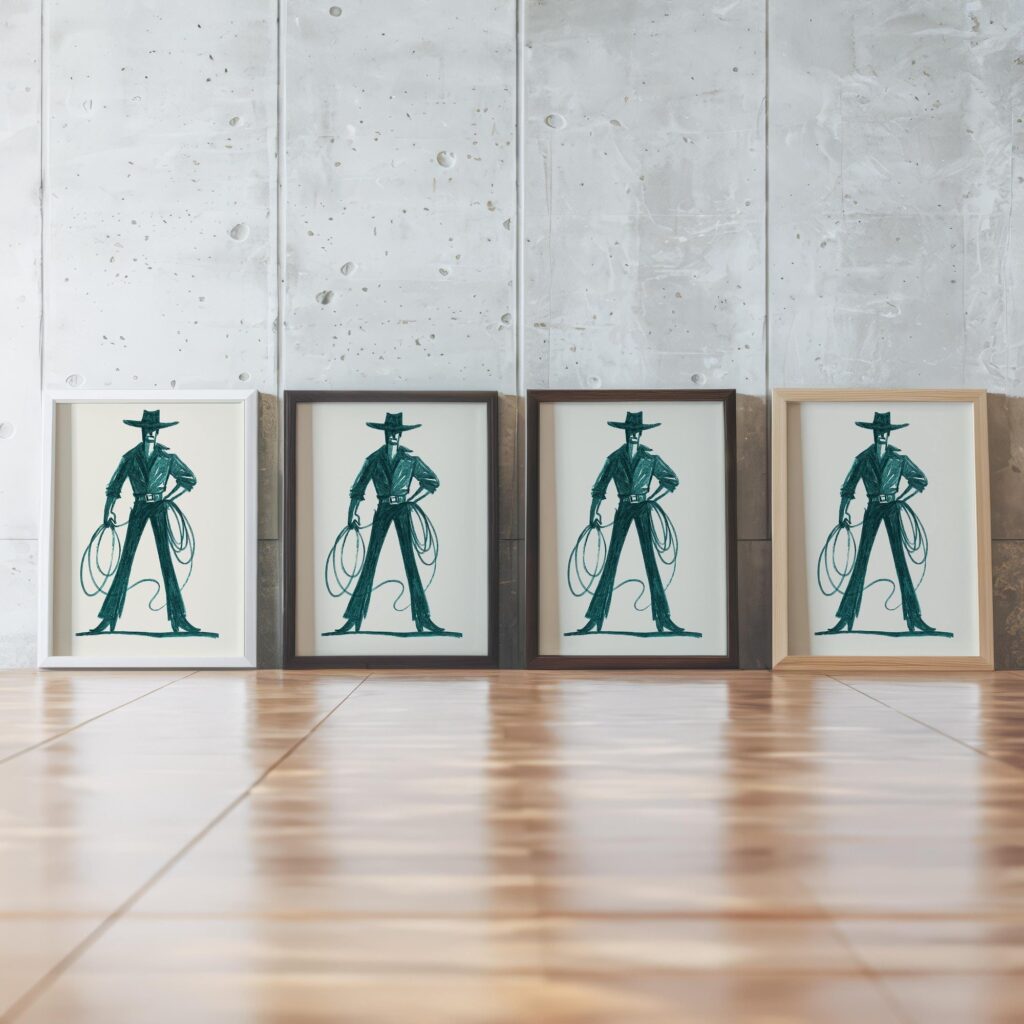 Teal Cowboy Cowgirl Line Art Prints Set of 2