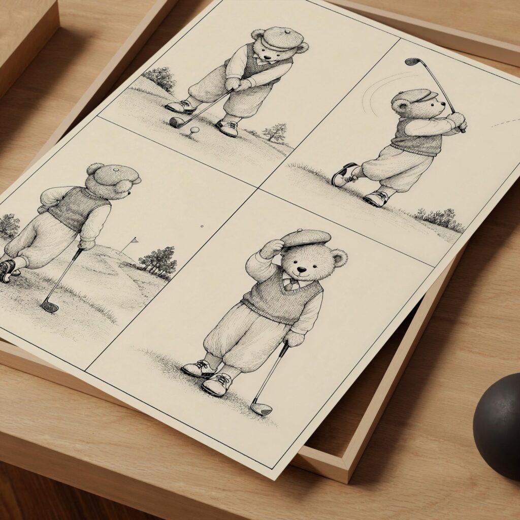 Teddy Bear Playing Golf in Four Sketches Print