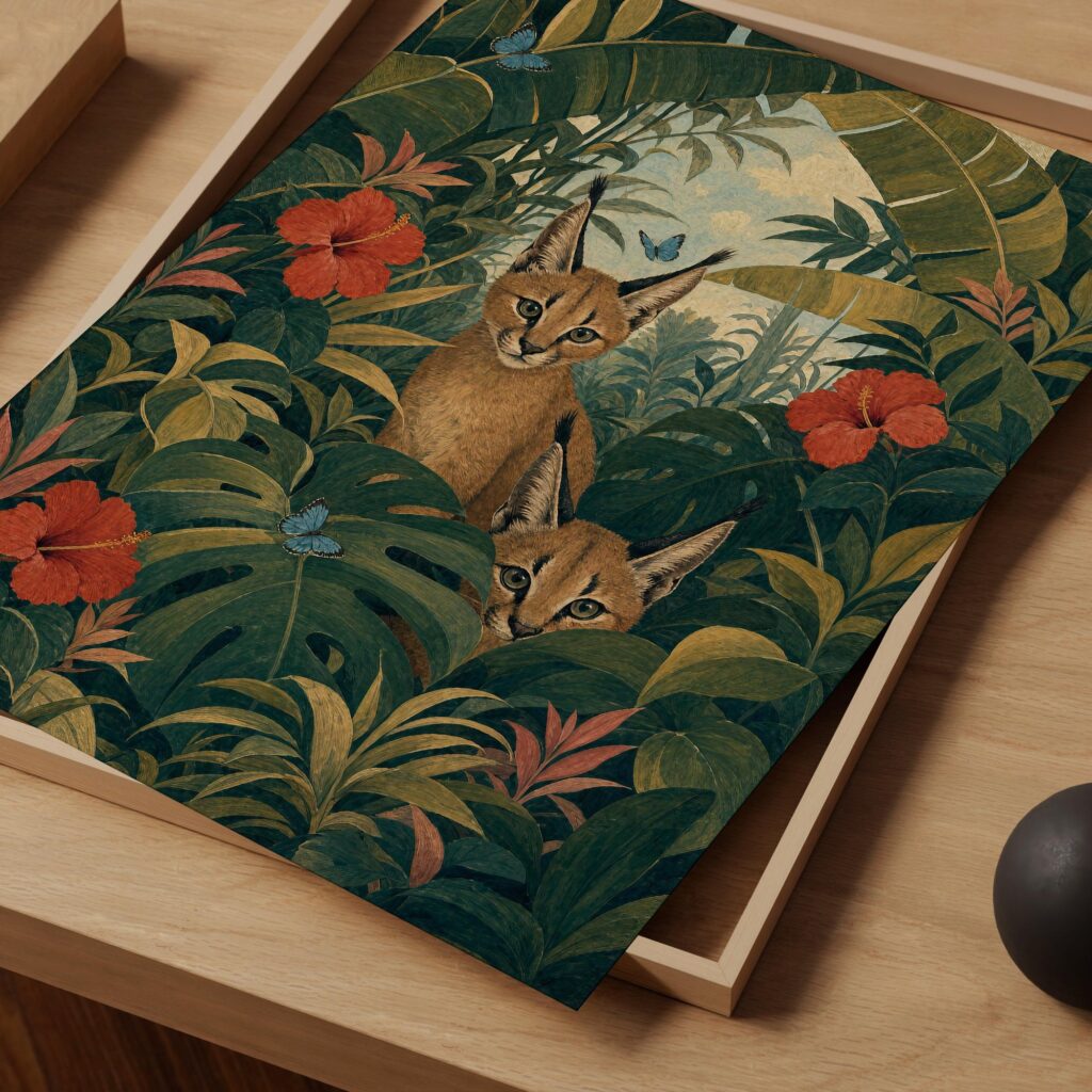 Two Caracals in a Tropical Jungle with Hibiscus Print
