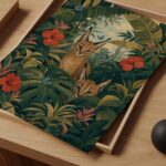 Two Caracals in a Tropical Jungle with Hibiscus Print