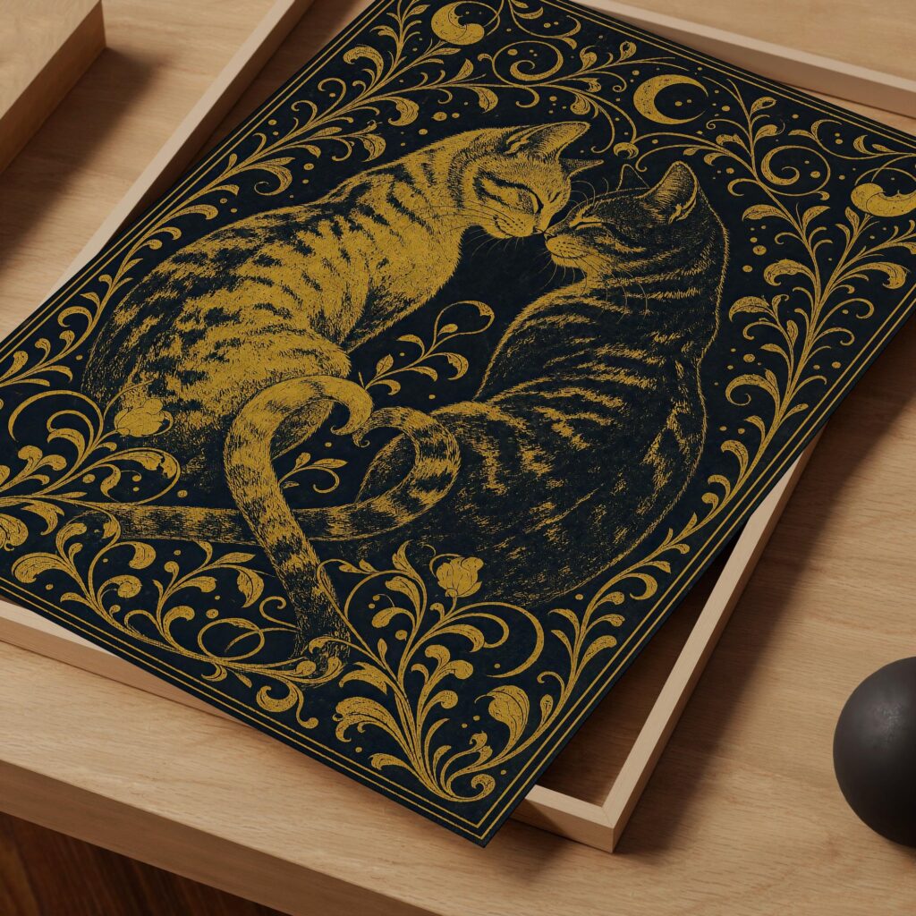 Two Gold Cats Nuzzling Under a Crescent Moon Print
