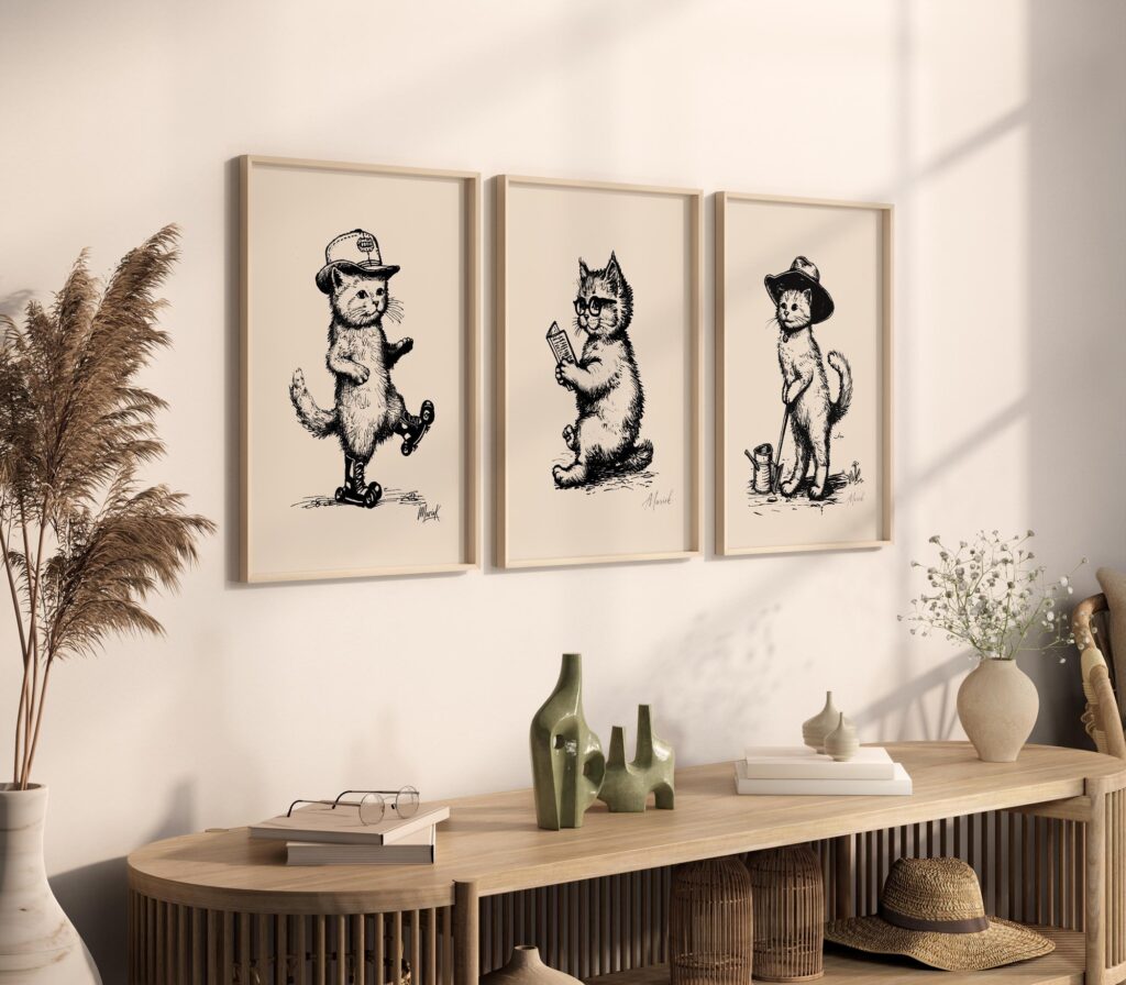 Vintage Cat Illustration Prints Set