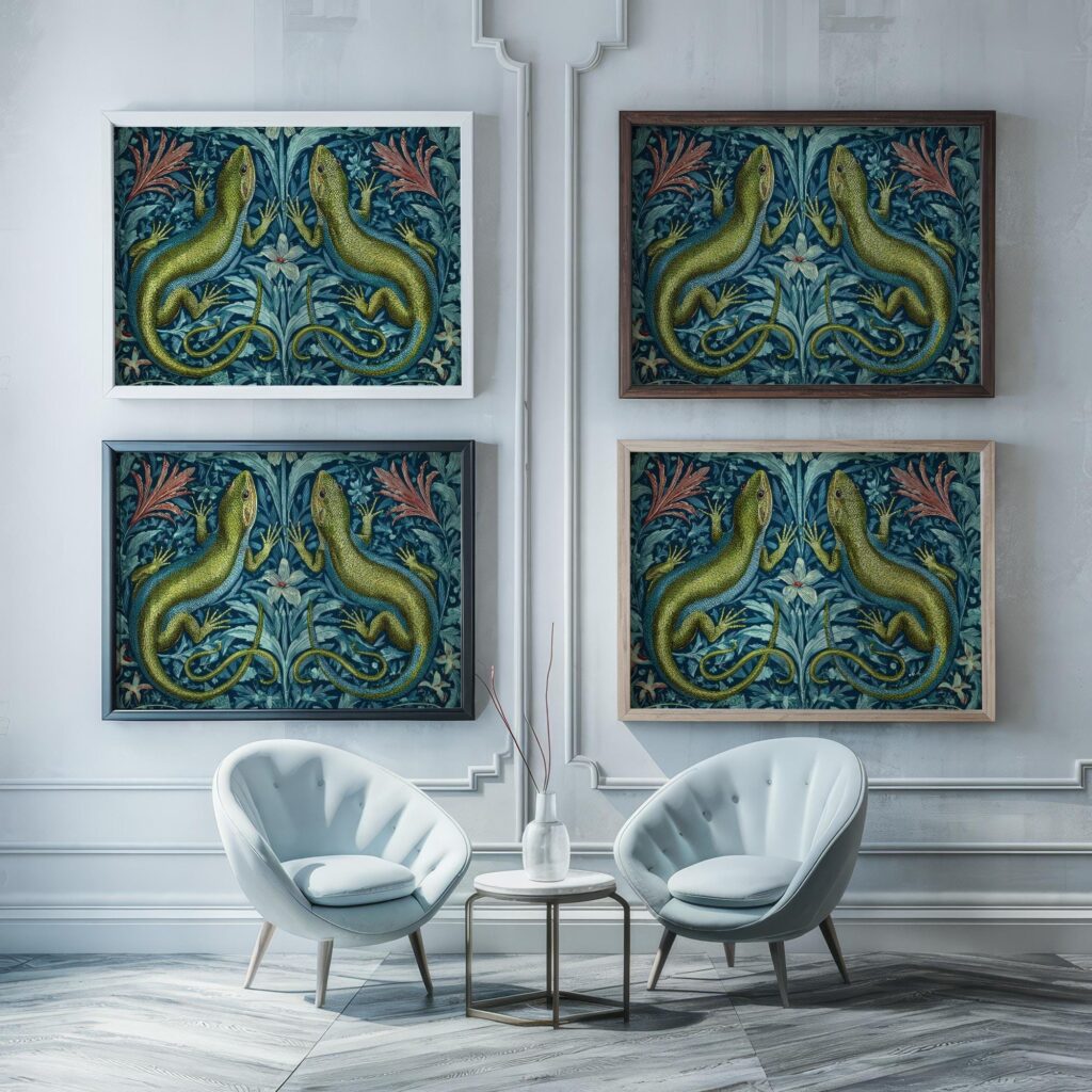 Vintage Green Lizard William Morris Style Poster