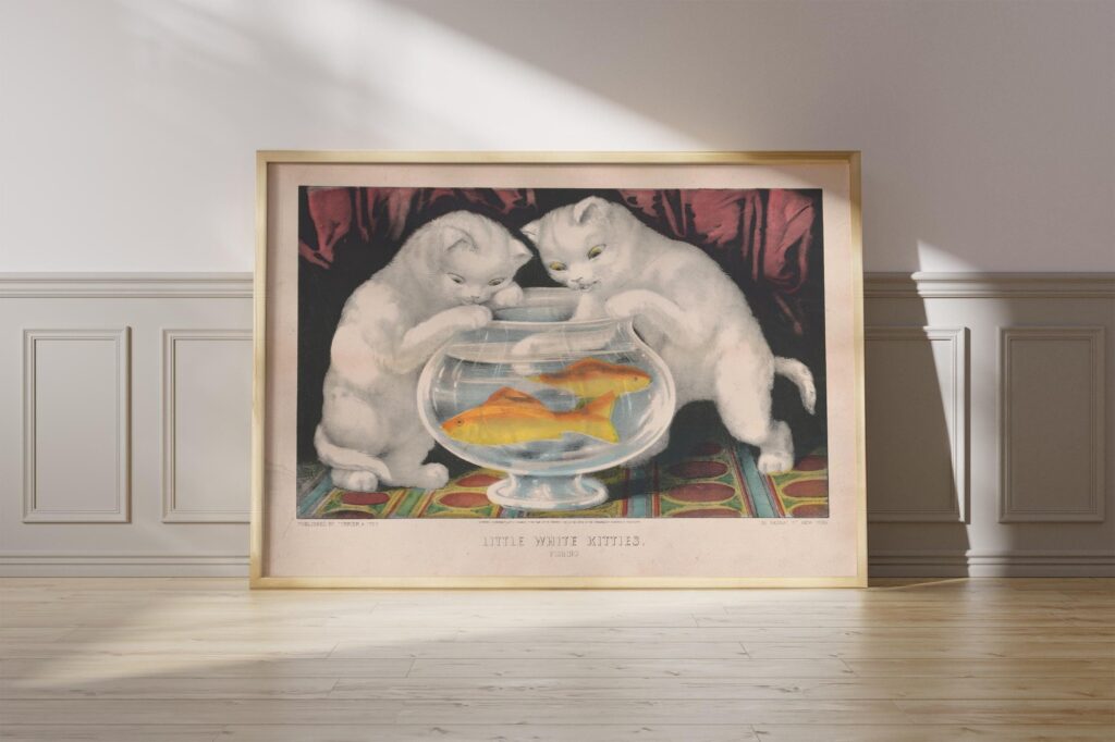 Vintage White Kittens Fishing Print