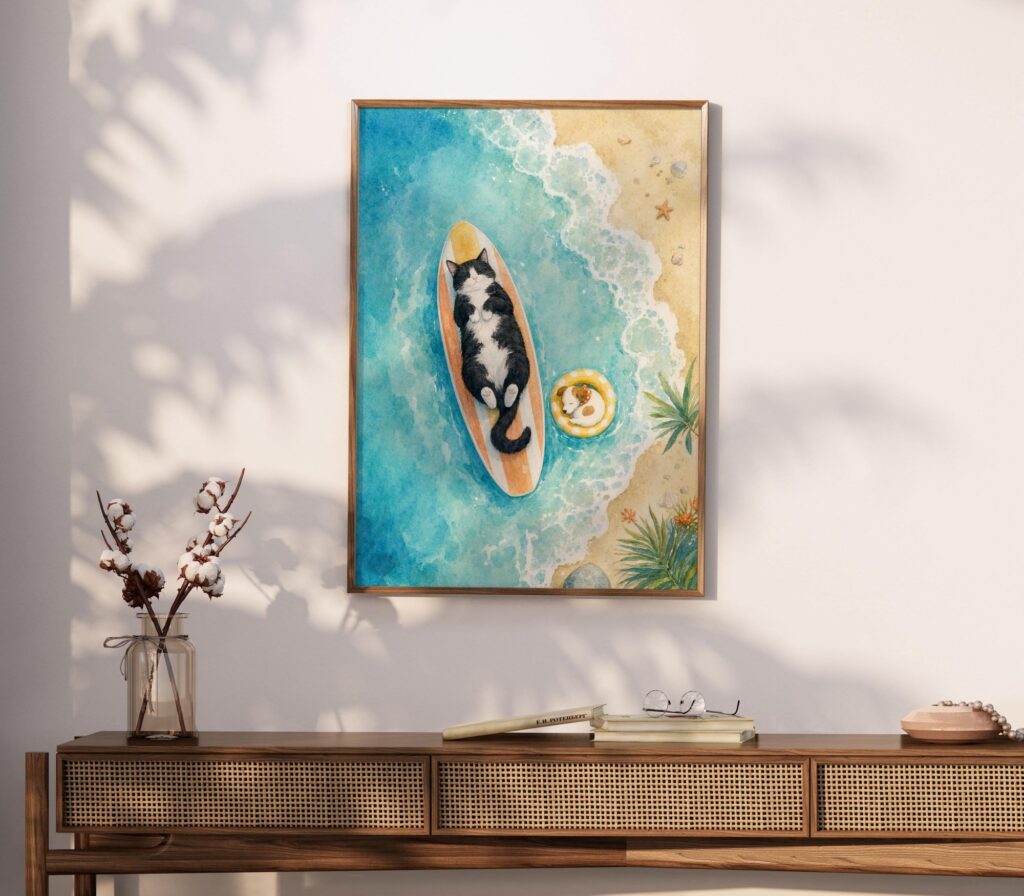 Watercolor Tuxedo Cat Asleep on a Surfboard Print