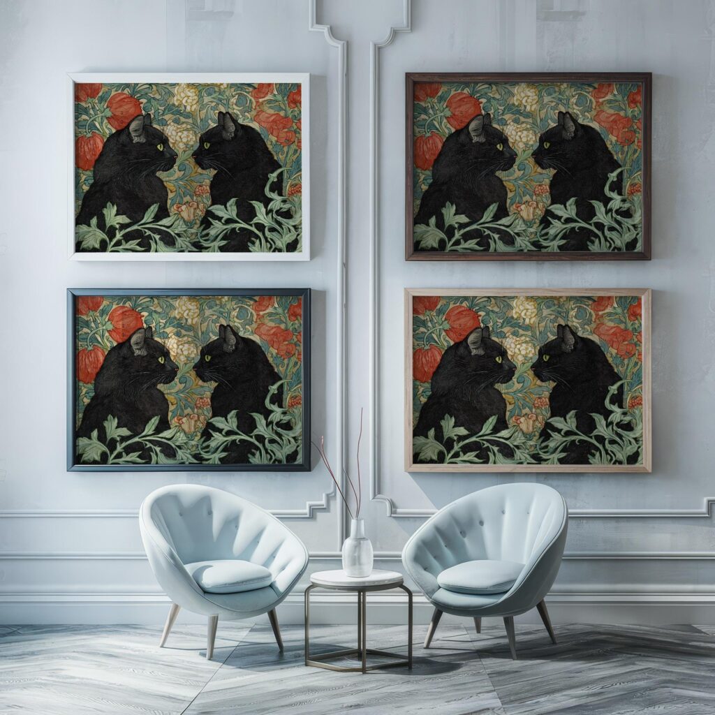 William Morris Black Cats in a Floral Garden Print