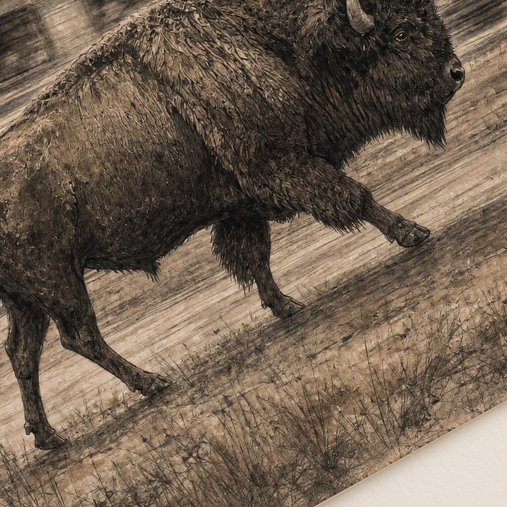 Bison Walking Past a Passing Train Print