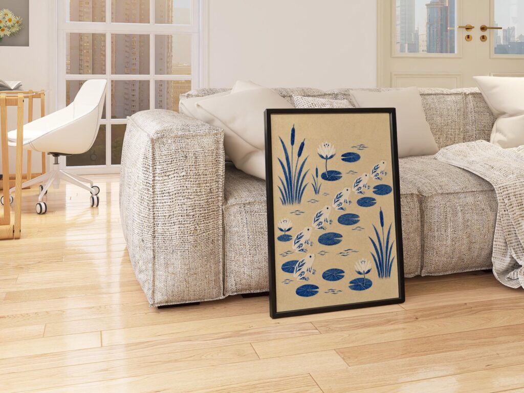 Blue Frogs Leaping Across a Lily Pond Print