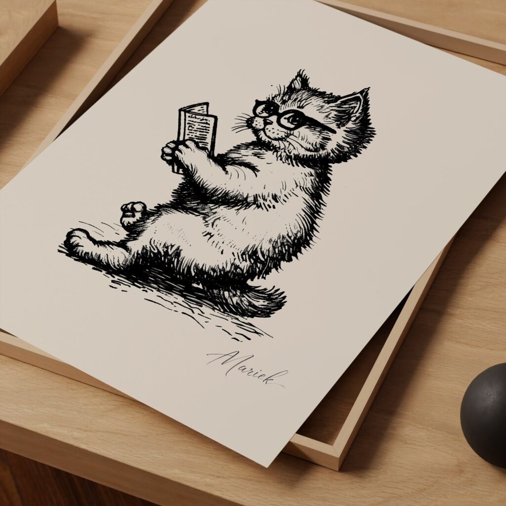 Book Lover Gift Bookworm Cat Print