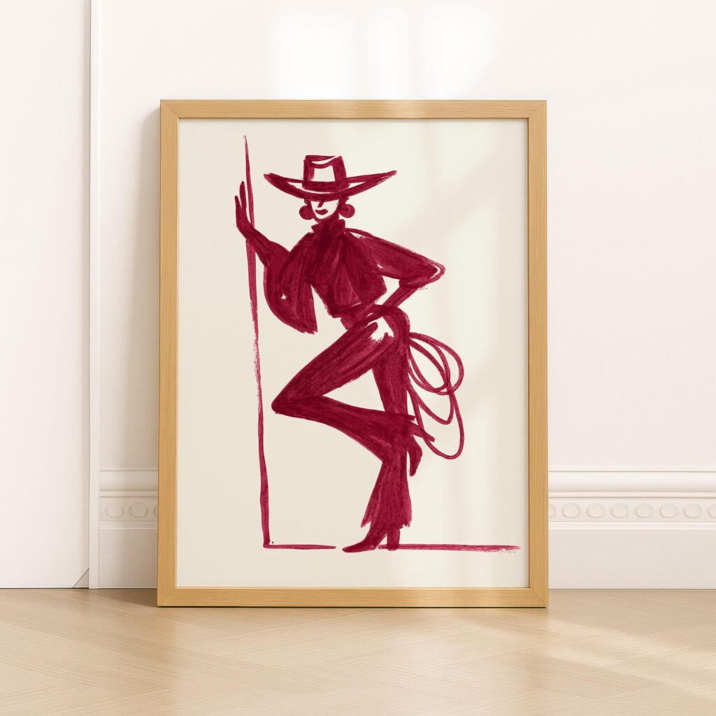 Burgundy Cowgirl Line Art Print