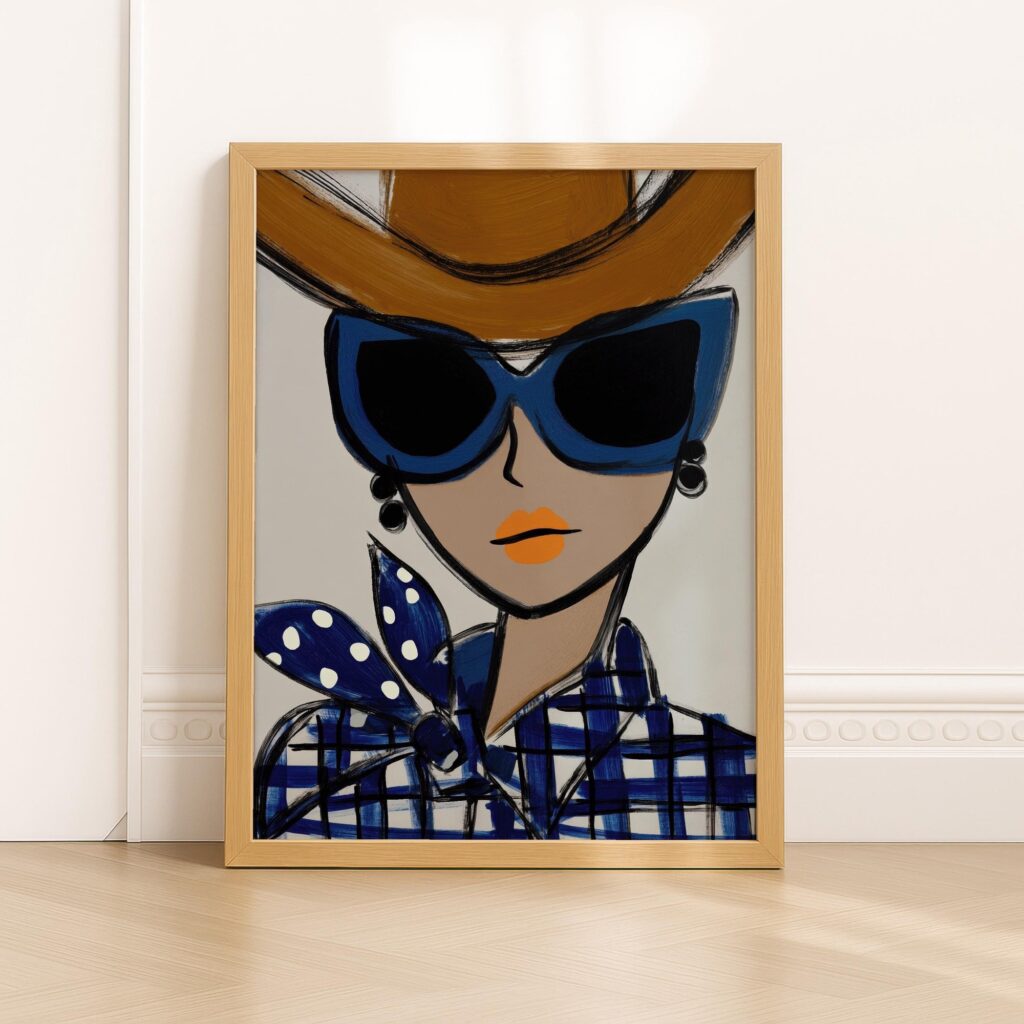 Chic Fashion Cowgirl In Blue Sunglasses Wall Art