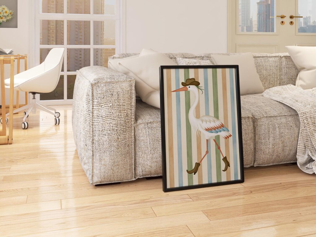 Cowboy Heron in Hat and Boots Print