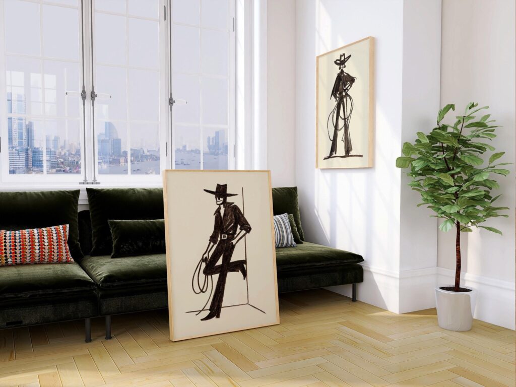 Cowgirl and Cowboy Sketch Print Set of 2
