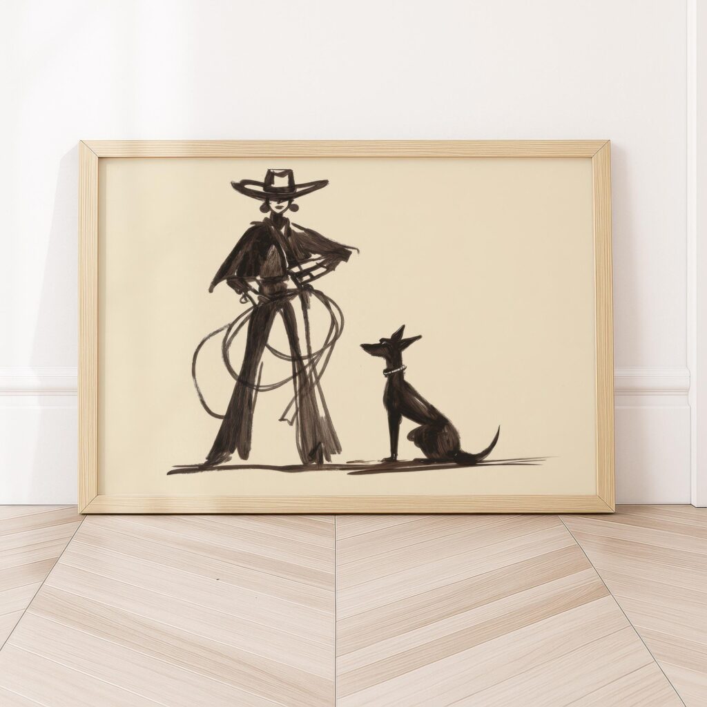 Cowgirl and Dog Ink Sketch Print