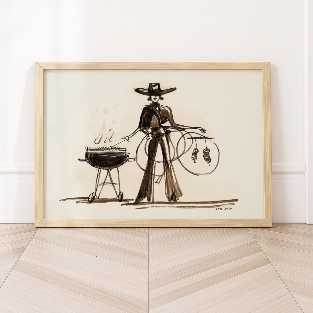 Cowgirl BBQ Ink Drawing Print