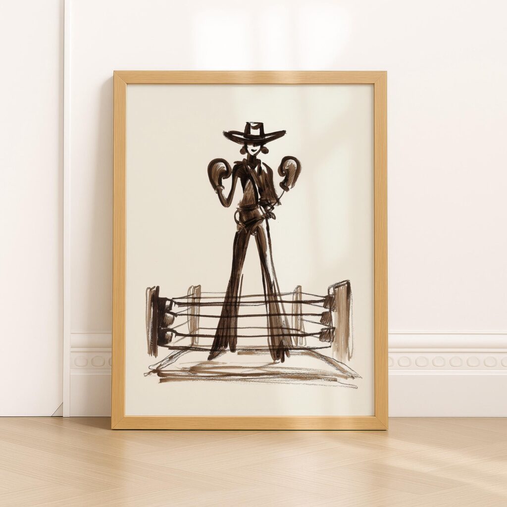 Cowgirl Boxing Art Western Wall Sketch Print