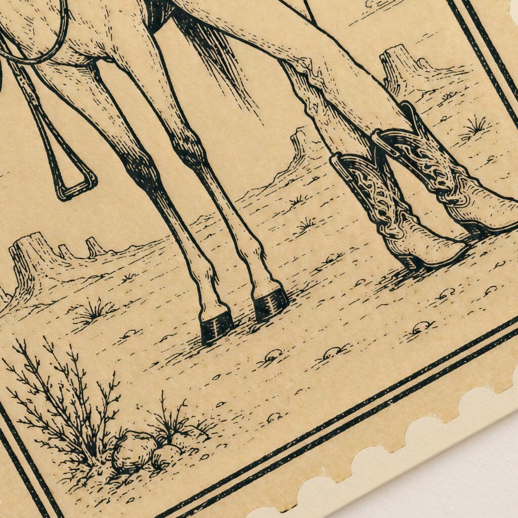 Cowgirl Leaning on Her Horse in the Desert Print