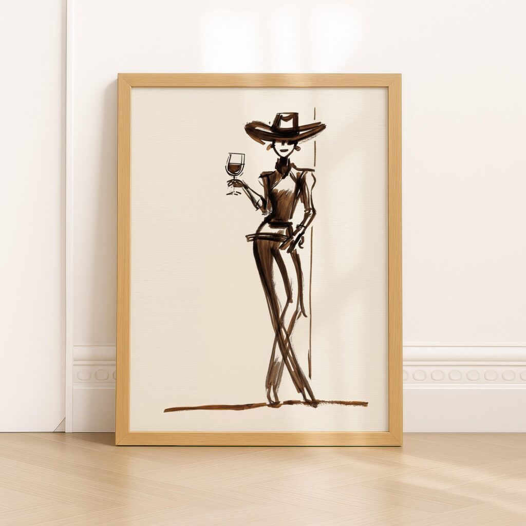 Cowgirl with Wine Glass Ink Sketch Print