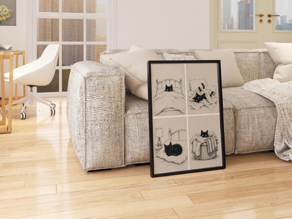 Cozy Black Cat in Four Panels Print
