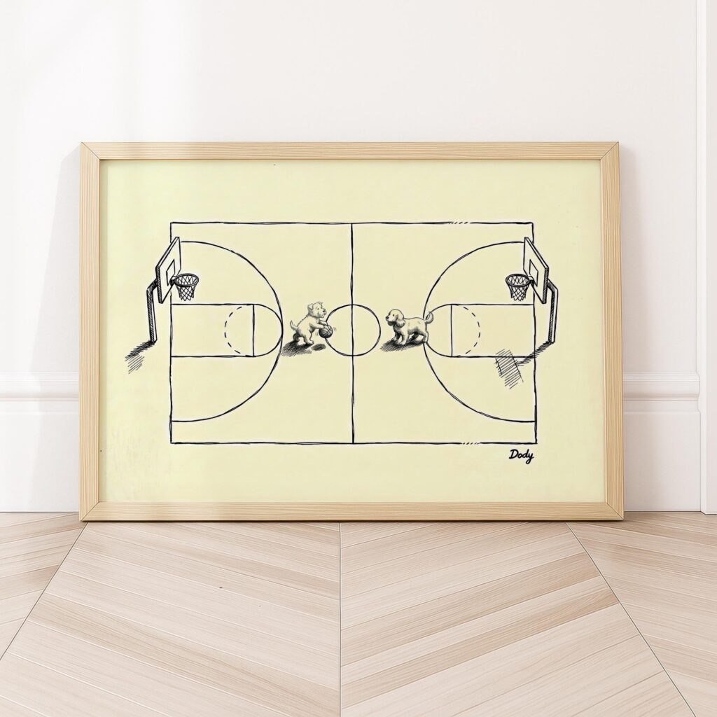 Dogs Playing Basketball Ink Sketch Print