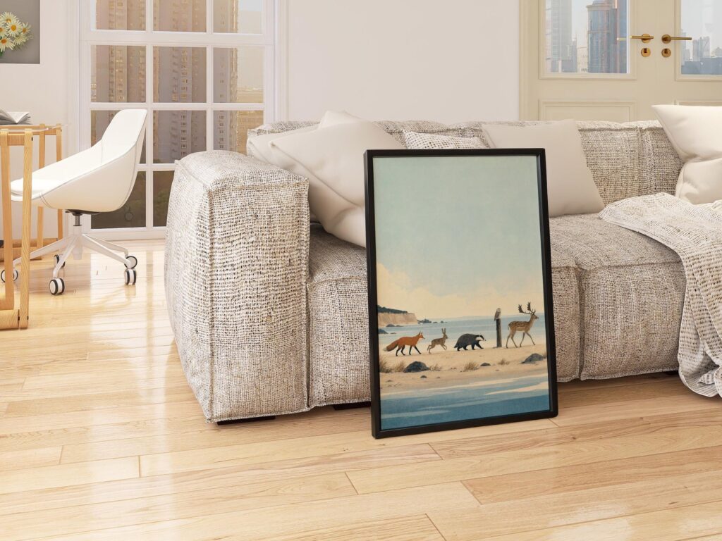 Fox Hare Badger Owl and Deer Walking Print