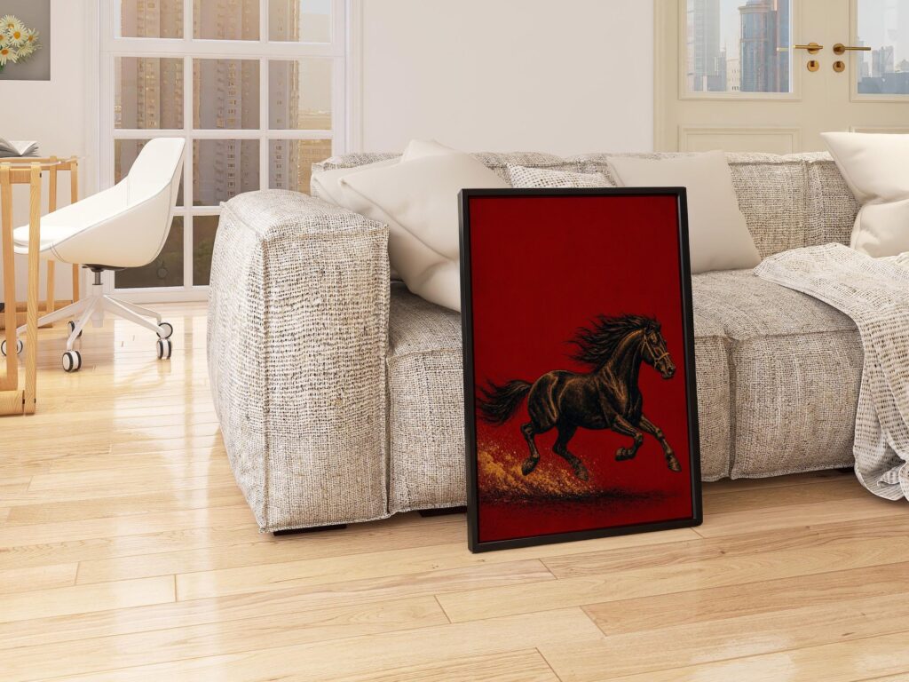 Galloping Black Horse on Deep Red Print