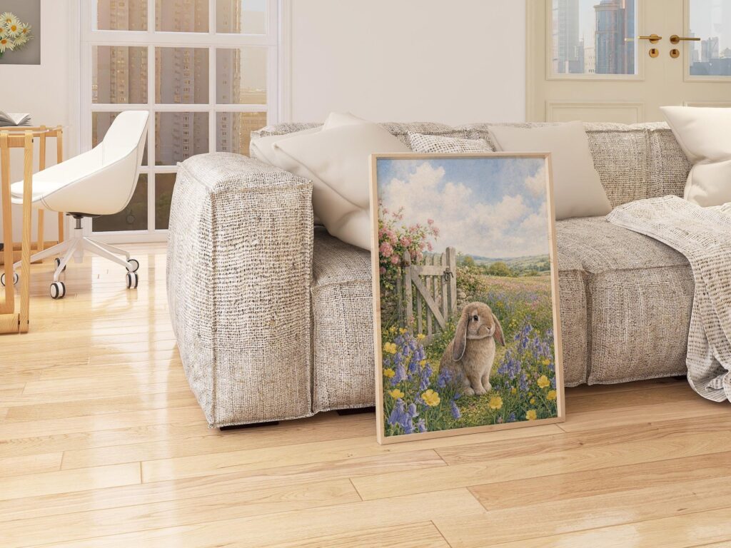 Lop Eared Bunny in a Bluebell Wildflower Meadow Print