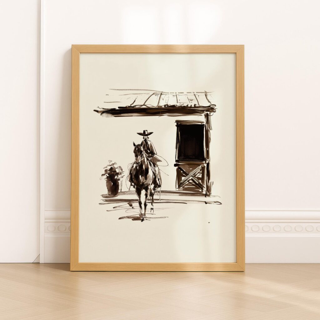 Minimal Western Cowgirl Horse Sketch Wall Print
