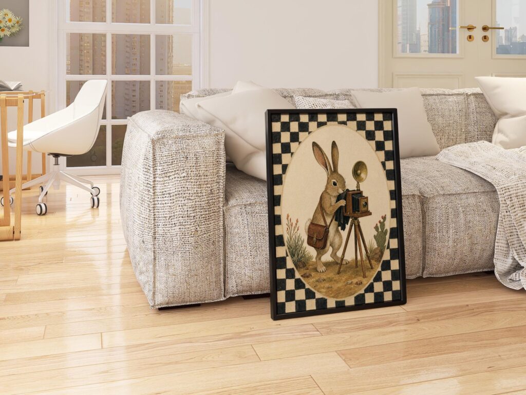 Rabbit Photographer with Antique Camera on Checkerboard Print