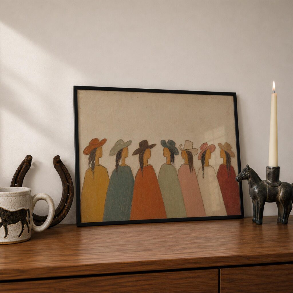 Row of Cowgirls in Colorful Hats Print