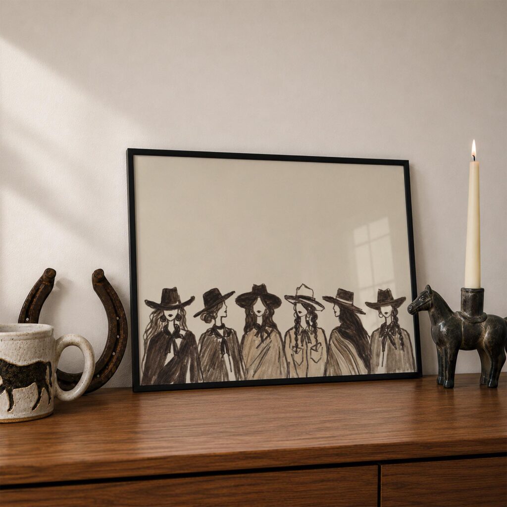 Row of Cowgirls in Hats Charcoal Sketch Print