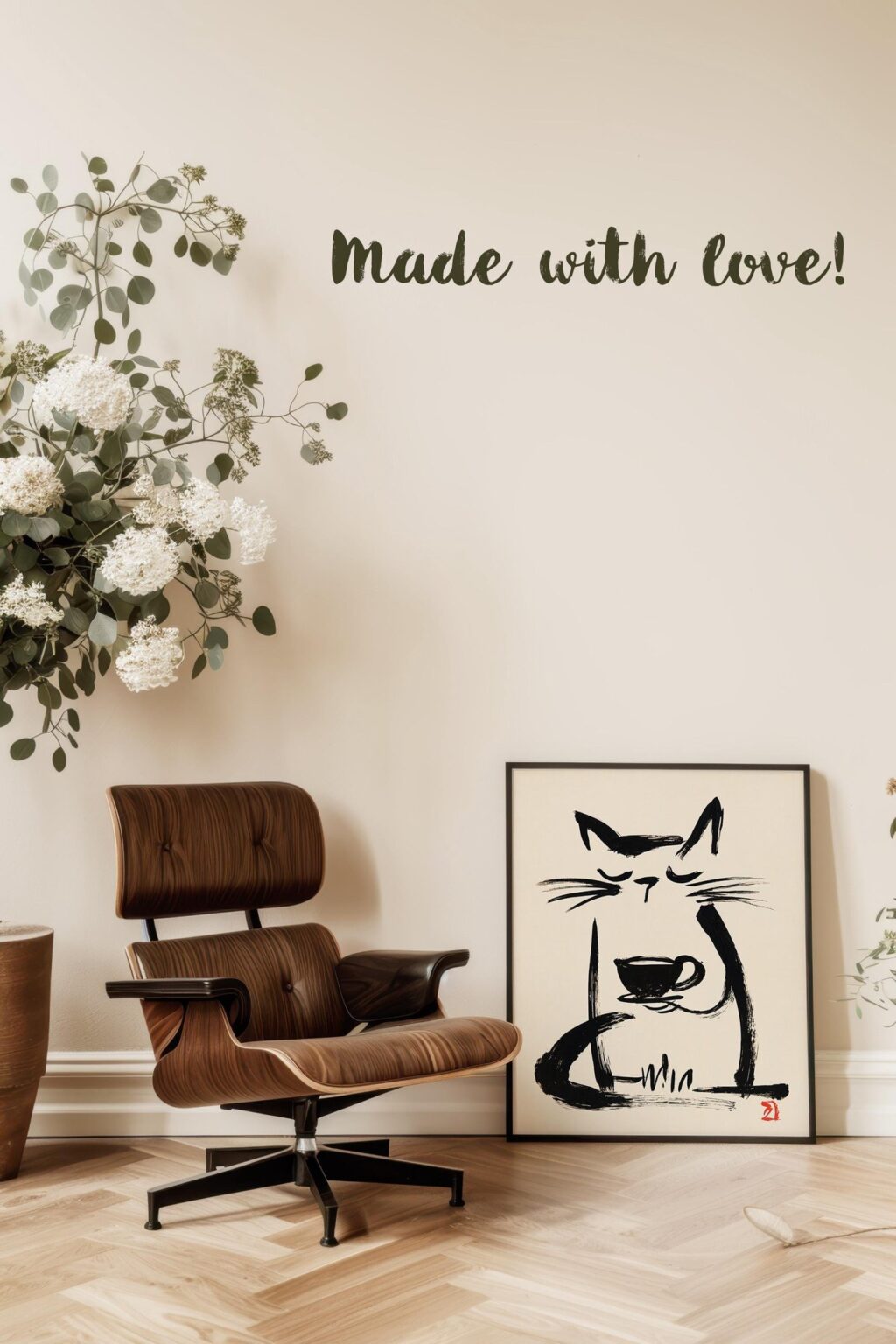 Sumi-e Coffee Cat Print