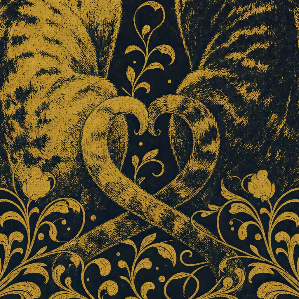 Two Gold Cats Nuzzling Under a Crescent Moon Print
