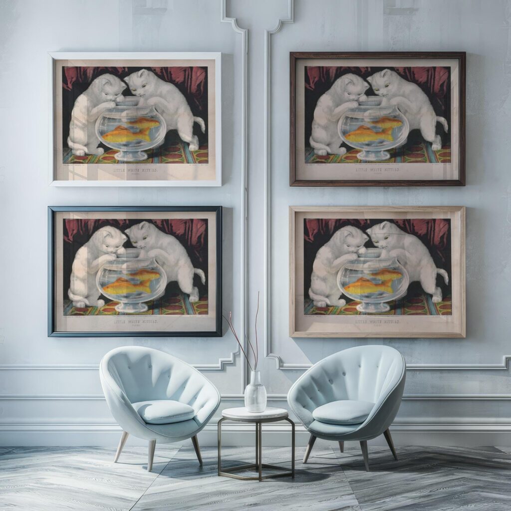 Vintage White Kittens Fishing Print