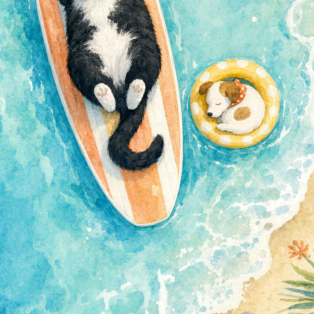 Watercolor Tuxedo Cat Asleep on a Surfboard Print