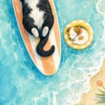 Watercolor Tuxedo Cat Asleep on a Surfboard Print