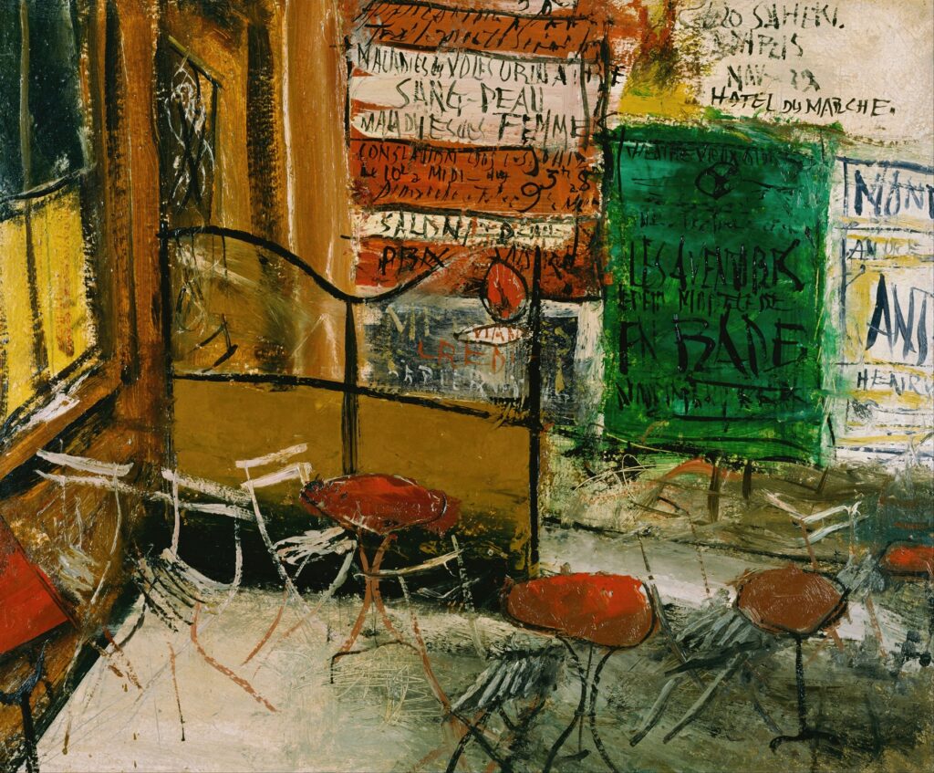Café Terrace with Posters (1927) by Saeki Yūzō, flat artwork view