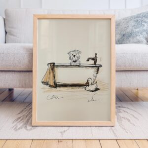 Dog Bath Time Art Print with Whimsical Pet Illustration for Bathroom Wall Decor