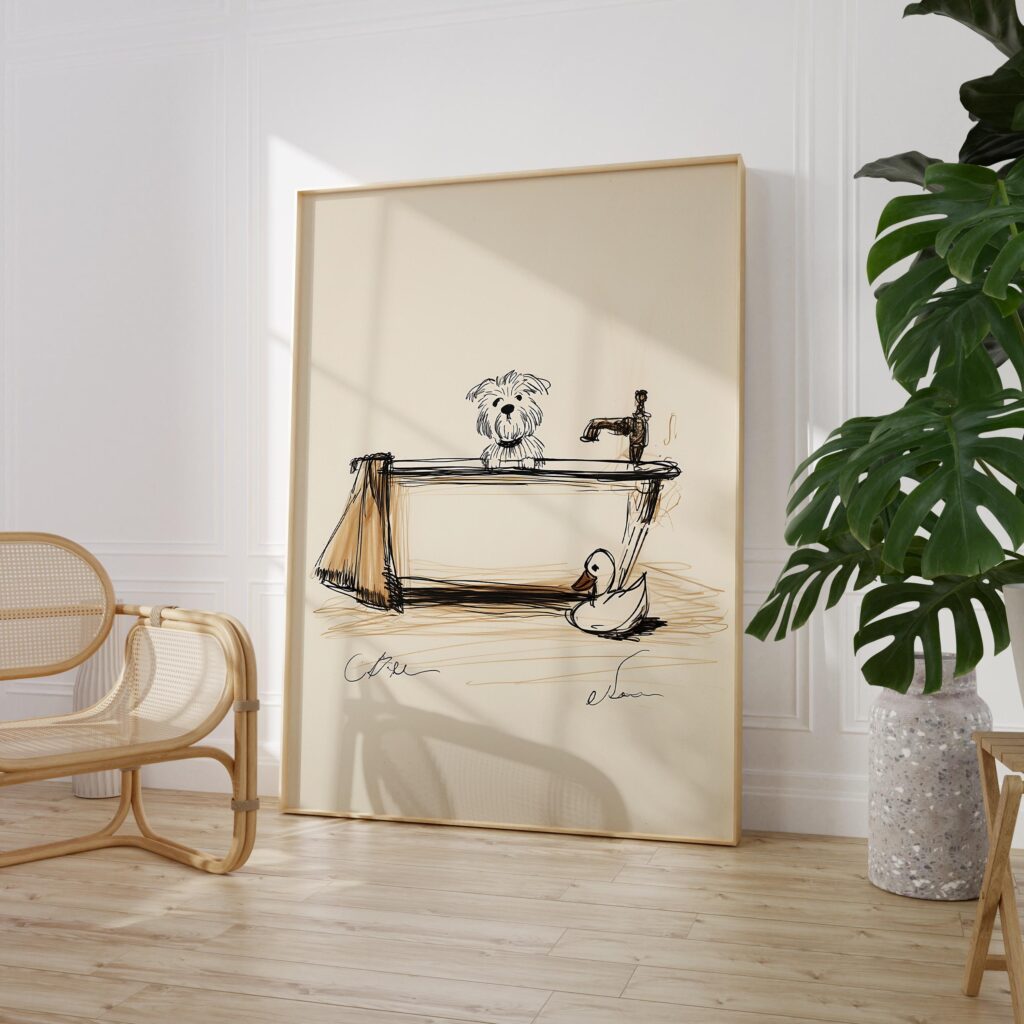 Dog Bath Time Art Print with Whimsical Pet Illustration for Bathroom Wall Decor
