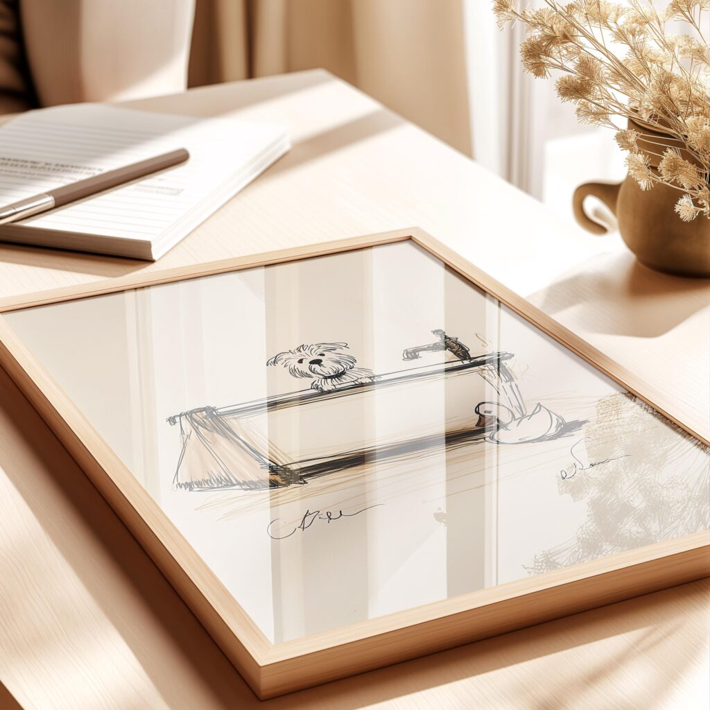 Dog Bath Time Art Print with Whimsical Pet Illustration for Bathroom Wall Decor