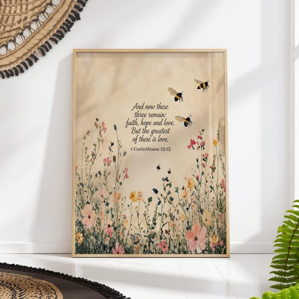 1 Corinthians 13:13 Wildflower & Bee Print, Faith Hope Love Vintage Scripture Wall Art Vintage-style print of wildflowers and honeybees with 1 Corinthians 13:13 scripture text about faith, hope, and love on a warm parchment background in a natural wood frame
