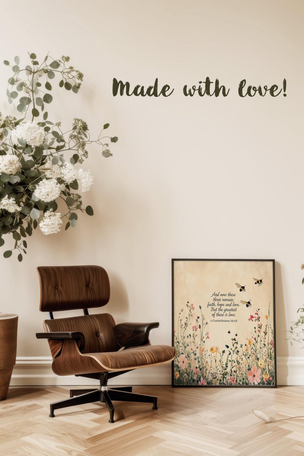 1 Corinthians 13:13 Wildflower & Bee Print, Faith Hope Love Vintage Scripture Wall Art