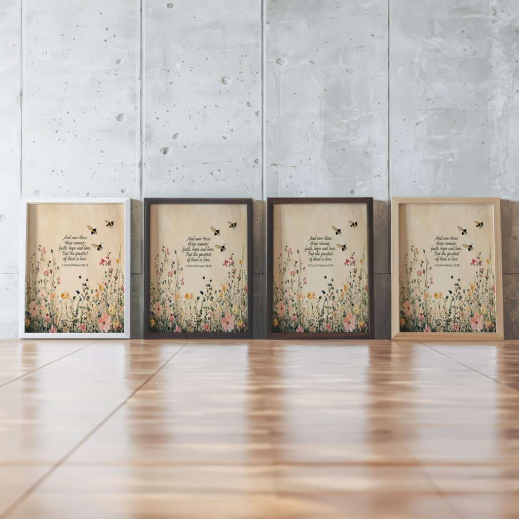 1 Corinthians 13:13 Wildflower & Bee Print, Faith Hope Love Vintage Scripture Wall Art